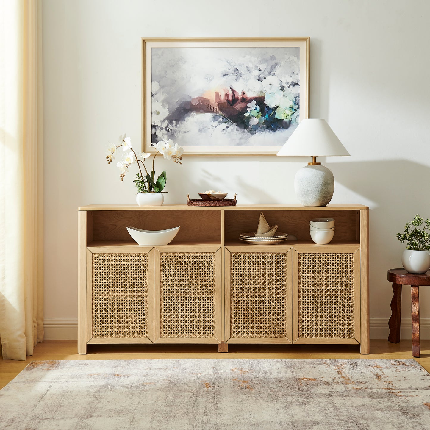 63' Mid Century Modern Rattan Sideboard Buffet Cabinet with Storage, Retro Coffee Bar Wine Bar Credenza, Large Media Console Table for Living Room/Entryway/Kitchen, Natural
