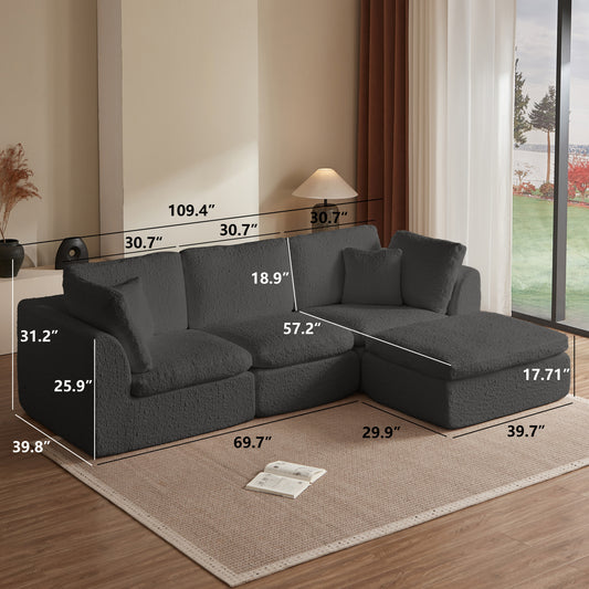 110' Cloud Sectional Couches for Living Room, Convertible L-Shape Couch with Ottoman, 3 Seater Modular Sectional Sofa, Gray