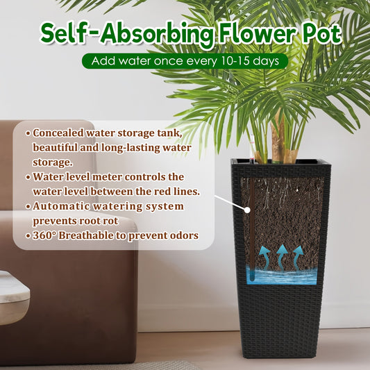 Square Planter for Indoor or Outdoor Use, 22-Inch High Faux Rattan Design Flower Pot with Automatic Watering System for Porch, Patio, Backyard, Makes Keeping Flowers Easier (Pack of 2, Black)
