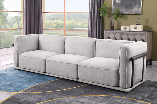 Contemporary modular fabric sectional sofa in light gray with plush cushions and corner module, perfect for stylish and flexible seating arrangements.