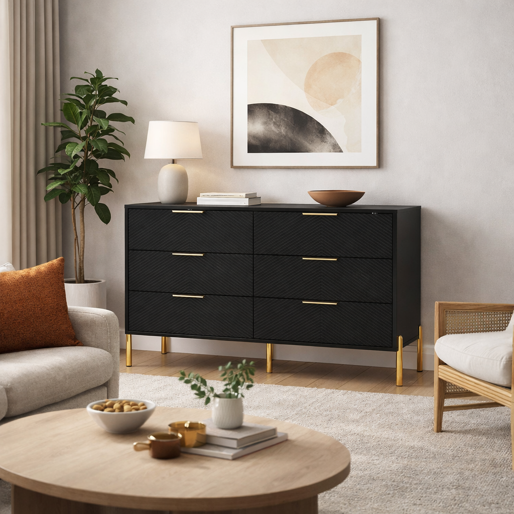 Modern 6-Drawer Wooden Dresser in Black