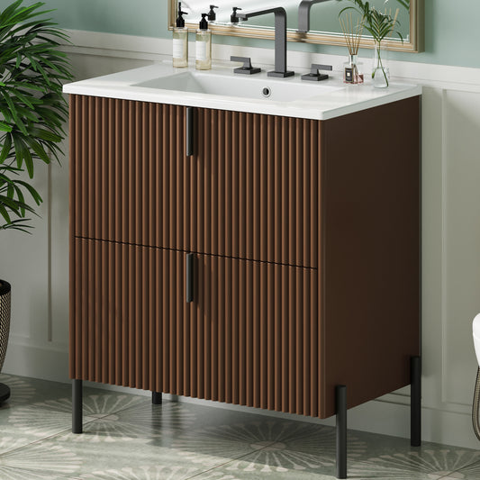 30' Bathroom Vanity with Ceramic Sink, Equipped with Vertical Pulls and Full-Extension Drawers, Freestanding Bathroom Vanity with Soft Close Drawer Slides, Fluted Design, Dark Brown