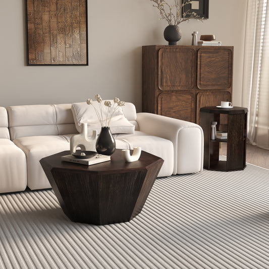 31.5 "Octagonal Black Walnut Rubber wood Set of Two Coffee Table, Coffee Table, Living Room Bedroom(Set of Two Pieces)