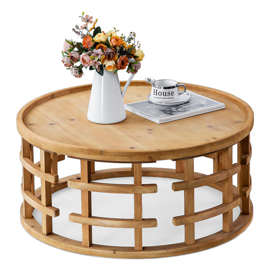 31.5' Round Boho Coffee Table – Rustic Farmhouse Accent Table with Open-Frame Base, Solid Wood Finish Cocktail Table for Living Room