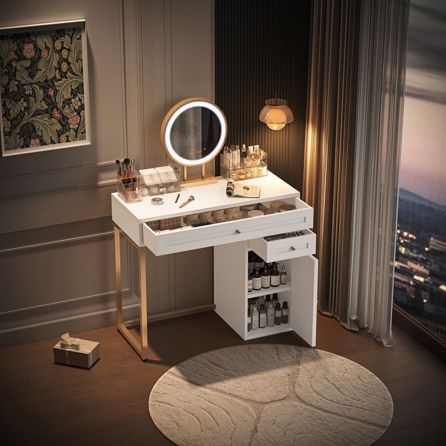 31.5'' Makeup Vanity Desk with Lighted Mirror, Luxury Dressing Table with 2 Drawers and 1 Cabinet, 3 Lighting Modes Available for Bedroom, White-Gold