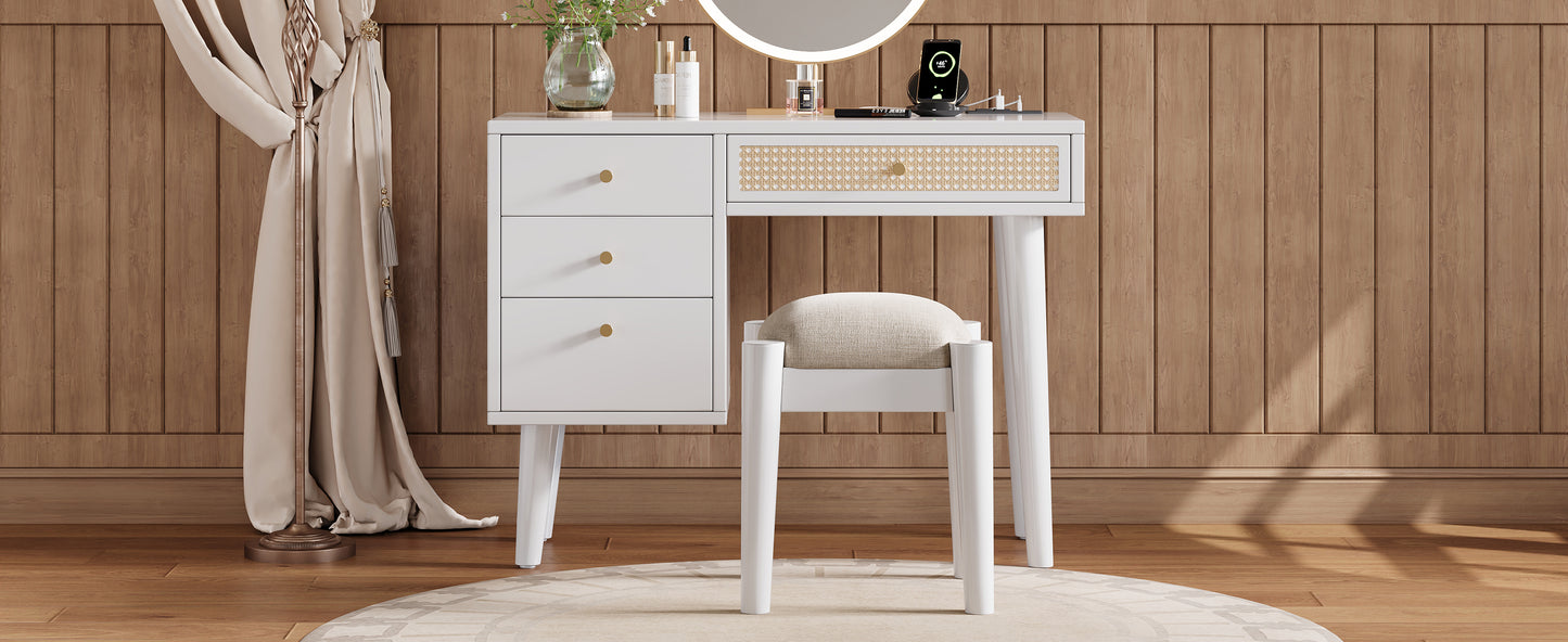 39' Retro Bohemian Style Wooden Makeup Vanity Set with Charging Plug&USB Port and Stool, Dressing Table with 3 Storage Drawers and 1 Rectangular Rattan Drawer, White