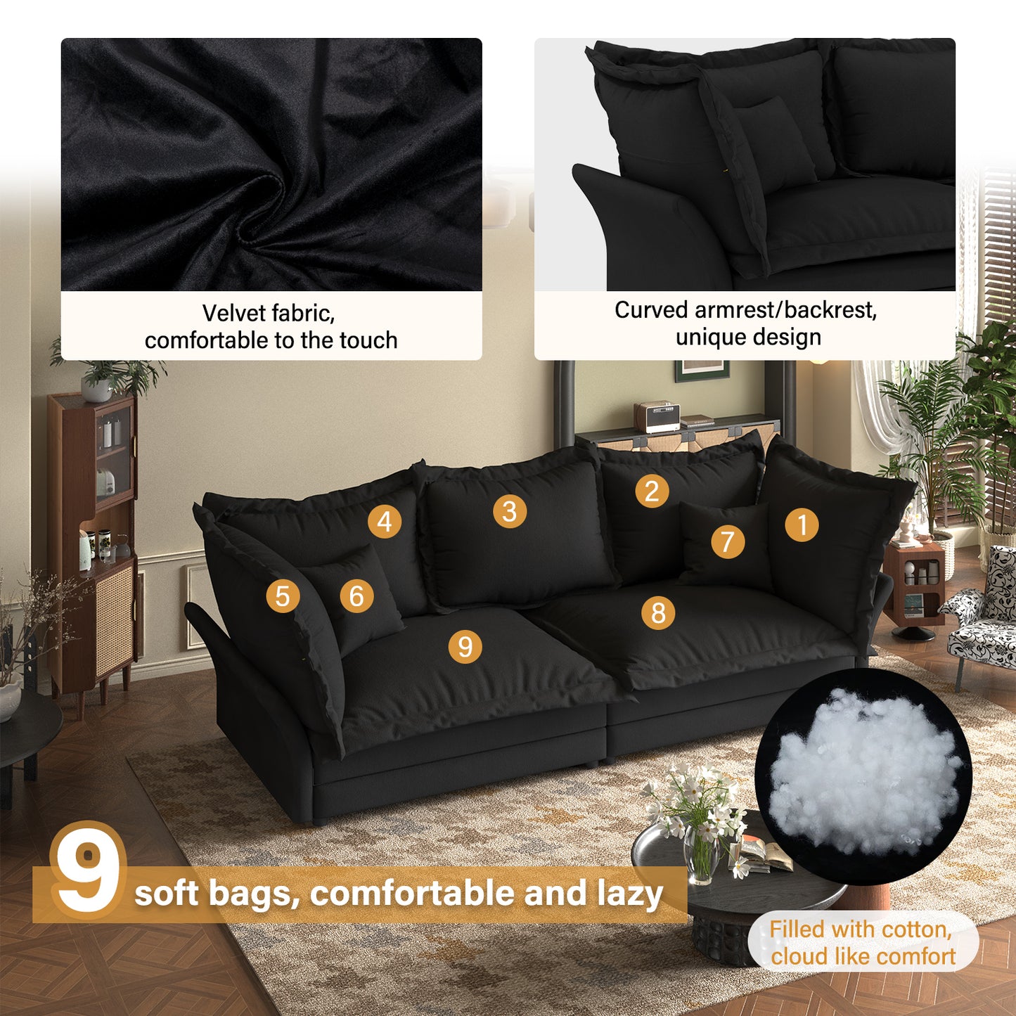 90.55 Modern Comfy Upholstered Sofa Cloud Couch, Deep Seat Couches with Multiple Large Soft Pillows,Convertible Deep Seat Chaise Longue for Living Room Bedroom,Apartment,Office,BLACK