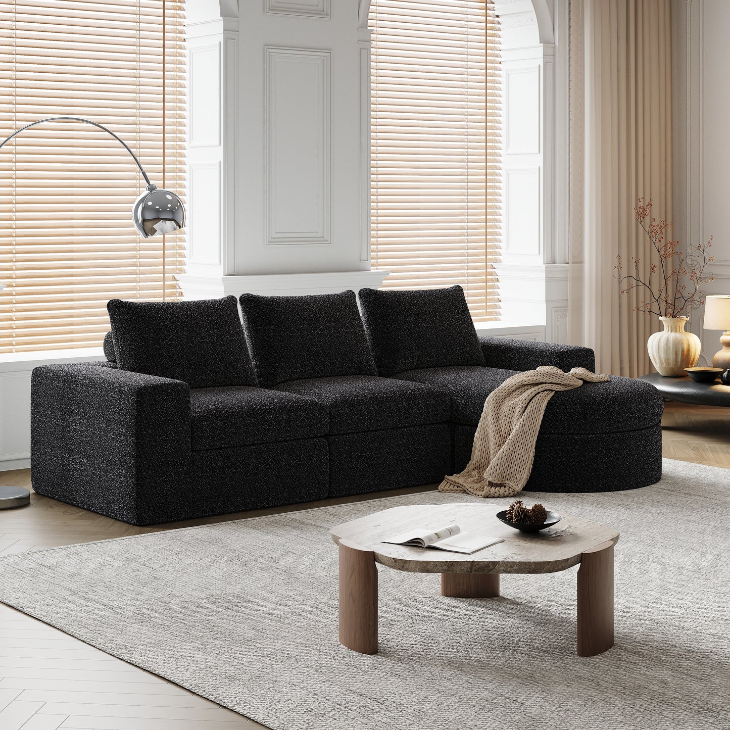 99-Inch Chenille Cloud Curved Sectional Sofa with Chaise, L-Shaped Modern Boneless Couch with Deep Seats, Chenille Sectional Sofa for Living Room and Bedroom, No Assembly Required