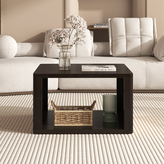 Square Coffee Table for Living Room in Dark Brown Farmhouse Coffee Table with Storage,2-Tier Center Table with Half Open Storage Compartment in 30.8'