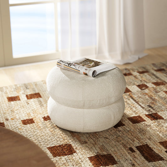 Nest 19.5' Low Round Upholstered Ottoman, Almond White Chenille