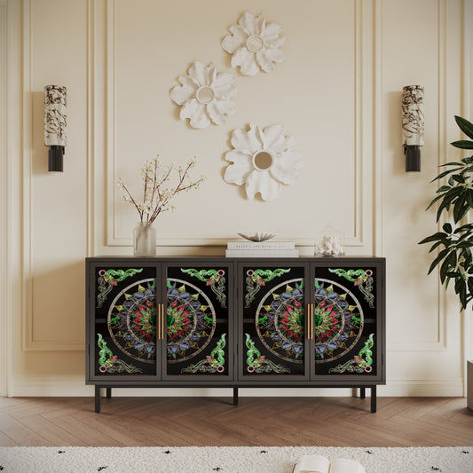 60.3 'Decorative Cabinet with 4 doors, Painted glass metal iron frame Buffet Cabinet, Artistic storage Cabinet, Entrance Cabinet, Living room, Bedroom, Dining room Sideboard