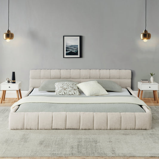 California King size Upholstered Bed Frame with Thick Fabric, Chenille Fabric Grounded Queen Size Platform Bed with Headboard and Solid Frame. No Box Spring Needed-Beige(90.5''*80.5''*31'')