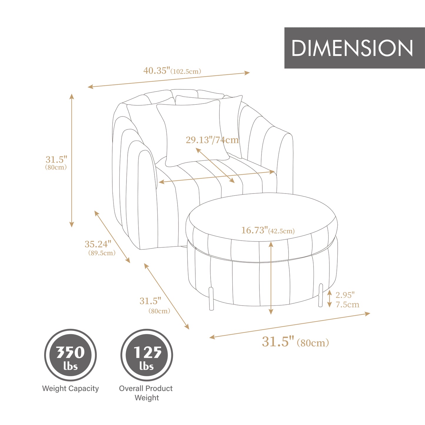 40.35'W Oversized 360° Swivel Accent Barrel Chair and Half Sofa with Ottoman, Velvet Channel Tufted Pumpkin-Shape Club Armchair & 3 Pillows with Storage Stool for Living Room, Bedroom, Lounge, BEIGE