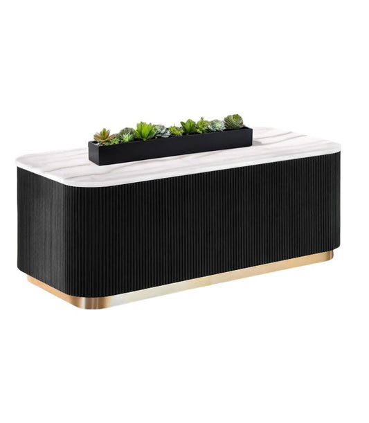 Contemporary Style 1pc Rectangle Cocktail Table Marble Top Gold Accent Plinth Base Black White And Gold Finish Primary Living Room Coffee Table