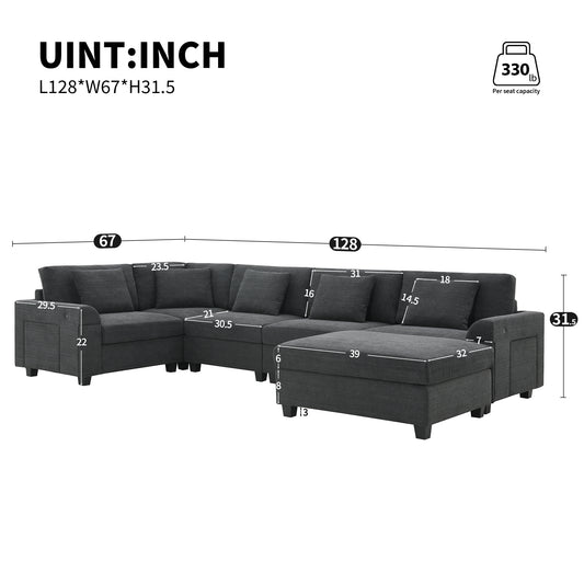 128*67' U Shaped Sectional Sofa,6 Seat Chenille Couch Set with Oversized Ottoman,Hidden Armrest Storage and Cup Holders,USB Charging Ports,Wide Seat Sofa for Living Room,Apartment,2 Colors