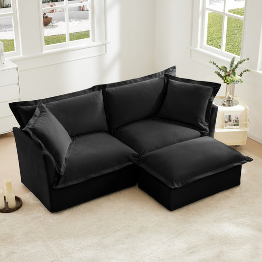 Slipcovered Sectional 2 Seater Sofa Couch with Convertible Ottoman, Wide and Deep Seat L Shaped Sofa with Detachable Cover and Soft Multiple Big Pillows, Chenille Fabric,Black