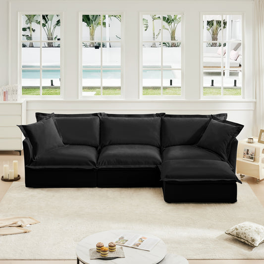 L-Shaped Slipcovered Sectional Sofa Couch, Comfy Chenille Deep Seat Cloud Couch with Convertible Ottoman & 2 Big Pillows, Modern Oversized 3 Seater Slipcovered Sofa Set for Living Room Office, Black
