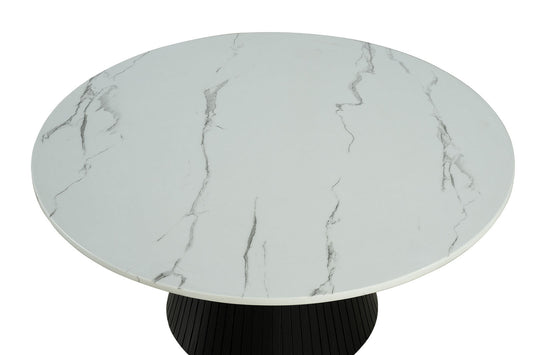Contemporary Style Round Cocktail Table Faux Marble Top Reeded Drum Base Black Finish Primary Living Room Coffee Table