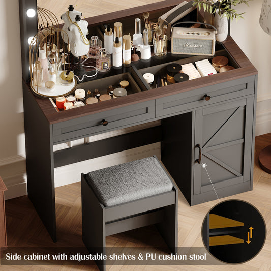 43.4'Makeup Vanity Table, Makeup Table with Large Mirror and 11 LED Light , Brightness Adjustable, Dressing Table Desk with 3 Drawers, Vanity Desk for Women(Black with Stool)