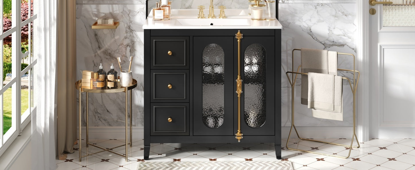 36-inch Bathroom Vanity with 2 Soft Close Doors, Solid Wood Frame Modern Bathroom Storage Cabinet with 3 Drawers
