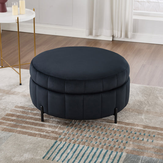 31.5' W Upholstered Round Ottoman With Reversible Lid, Velvet Storage Stool, Channel Tufted Pumpkin-shape Footstool for Living room, Bedroom and Office, Black