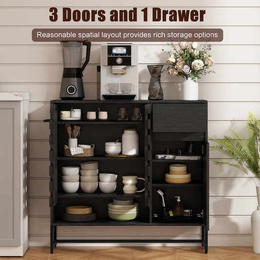 Buffet Cabinet with Storage: 44.49'Black Woven Door Accent Cabinets,with Arched Doors,with Multi layer Adjustable,with Metal Leg,woven door and drawer - for Kitchen Living Dining Room Entryway
