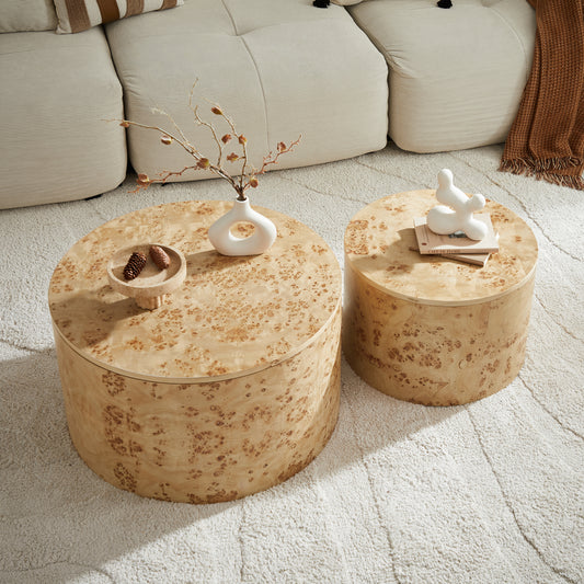 Nested Round Coffee Table Set with Burl Wood Veneer - 2-Piece MDF Storage Tables with Adjustable Feet Coffee Table