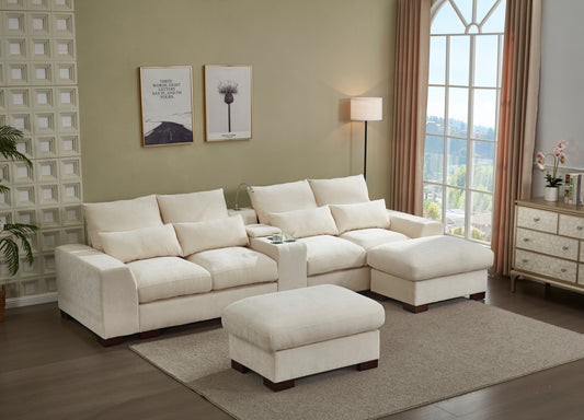 Modern Sectional Sofa Couch with Console,USB Charging Port,Reading Light,Cup Holder, Beige