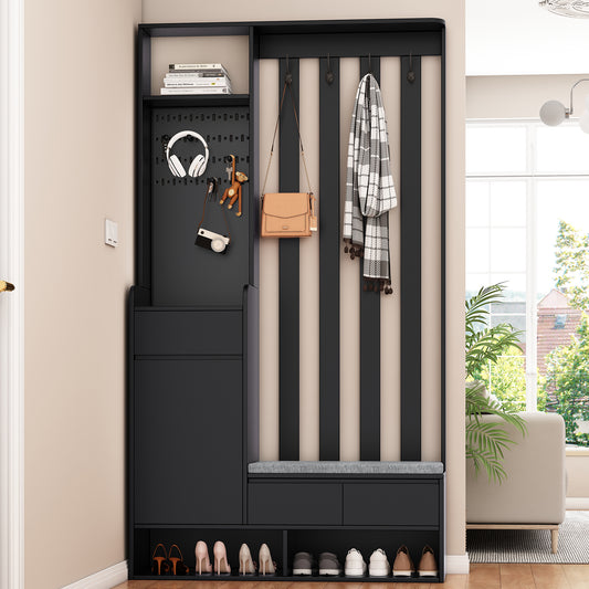 ON-TREND Contemporary 39.3''Wx70.8''H Hall Tree Storage with Cushioned Storage Bench, Multifunctional Hallway Shoe Cabinet with Pegboard, Modern Coat Rack with 4 Hooks for Entryway, Mudroom, Black Hall Tree