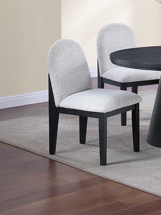 Dining Table 4x Side Chairs White Finish Fabric Black Round Table w Cone Base 5pc Dining Set Plush Seat