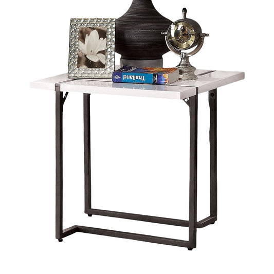 Contemporary Style Modern End Table Lacquer Top Metal Legs Extending Out On The Table Top Two Tone And Steel Structure White And Gun Metal Finish Coffee Table-Not Included