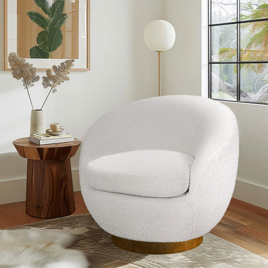 Shearling Sherpa Swivel Chair with Wood Base Cream Fabric and Solid Wood Construction Accent Chair