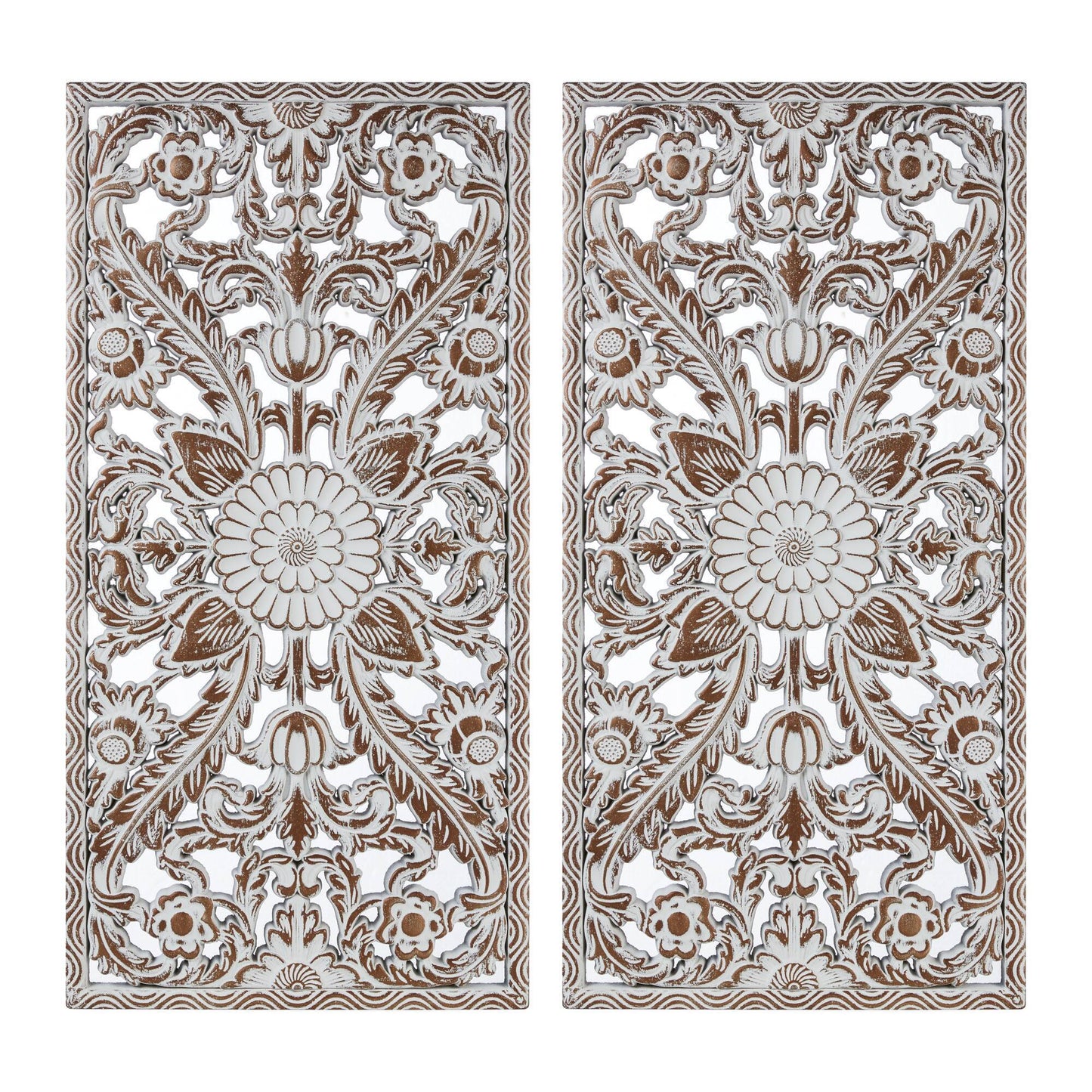 2 PCS Botanical Panel Distressed Carved Wood Wall Decor Set