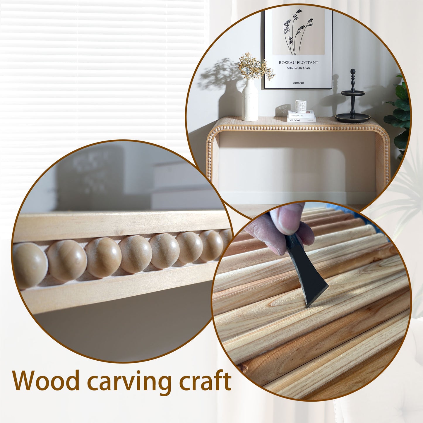 Natural wood Console Table, 59in Entryway Table, Curved Waterfall-style Table,Console table with wood beads,Entrance Table for Entryway, Hallway, Living Room, Foyer, Corridor, Office