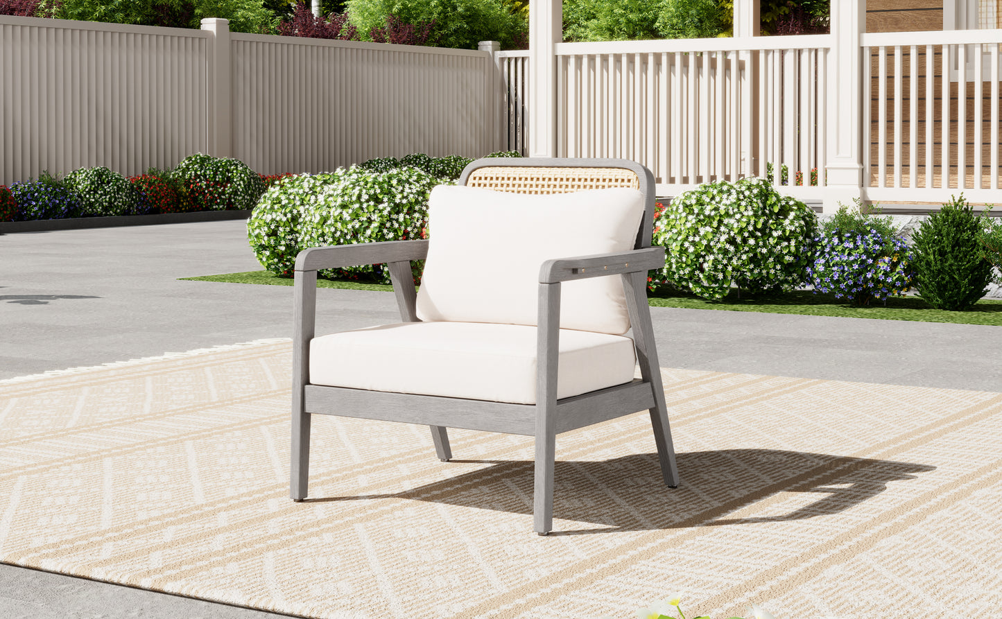 Outdoor Acacia Wood Patio Club Chair, Patio Furniture,Waterproof Thick Cushion Deep Seating for Porch, Garden, Backyard, Balcony, Weight Capacity 400lbs, Light Gray finish, Cream cushion