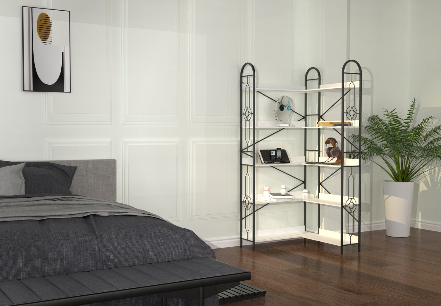 5 Tier Bookshelf, Industrial Style Corner Bookshelf, Thickened iron frame and thickened laminate composition, strong load-bearing capacity, can be used in the living room, bedroom, study.