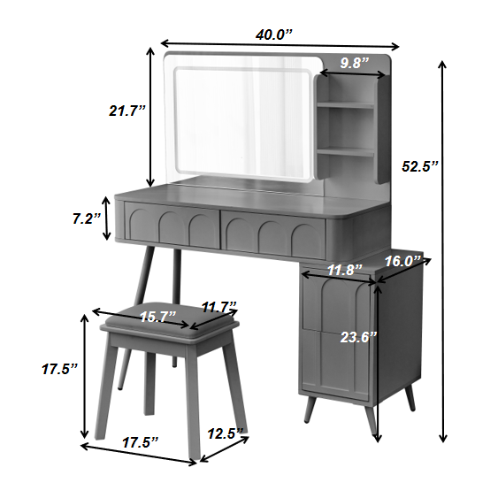 Modern Makeup Vanity Desk with LED Lights & Mirror, 4 Drawer Dressing Table Set with Stool, 3 Colors Dimmable Brightness, Space-Saving for Bedroom, Black