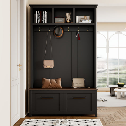 ON-TREND Versatile 4-in-1 Hall Tree with 6 Golden Hooks, Wood Grain Bench with Multiple Storage Space, Entryway Coat Rack with 2 Drawers for Living Room, Hallway, Black, 76.6''H (OLD SKU:N721S000034B)