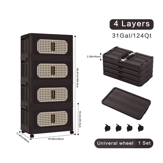 Retro Brown, 20' Side Wide Folding Storage Cabinet ,4 Tiers,19.69'×11.81'×40.55',Collapsible Storage Bins with Magnetic Door, Plastic Storage Cabinet with Wheels