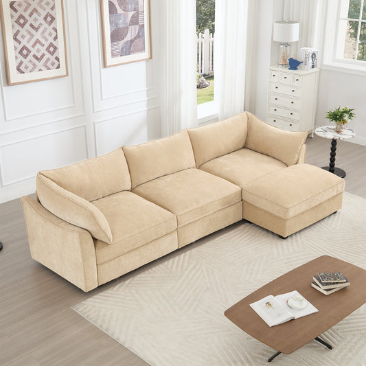 L-Shaped 3 Seater Sectional Sofa Couch,3-seat Sofa with 1 Movable Ottoman, Crescent-shaped Armrests And Wraparound Back & Armrest Cushions,Soft, Comfortable, Wide and Deep Seat, Chenille Color