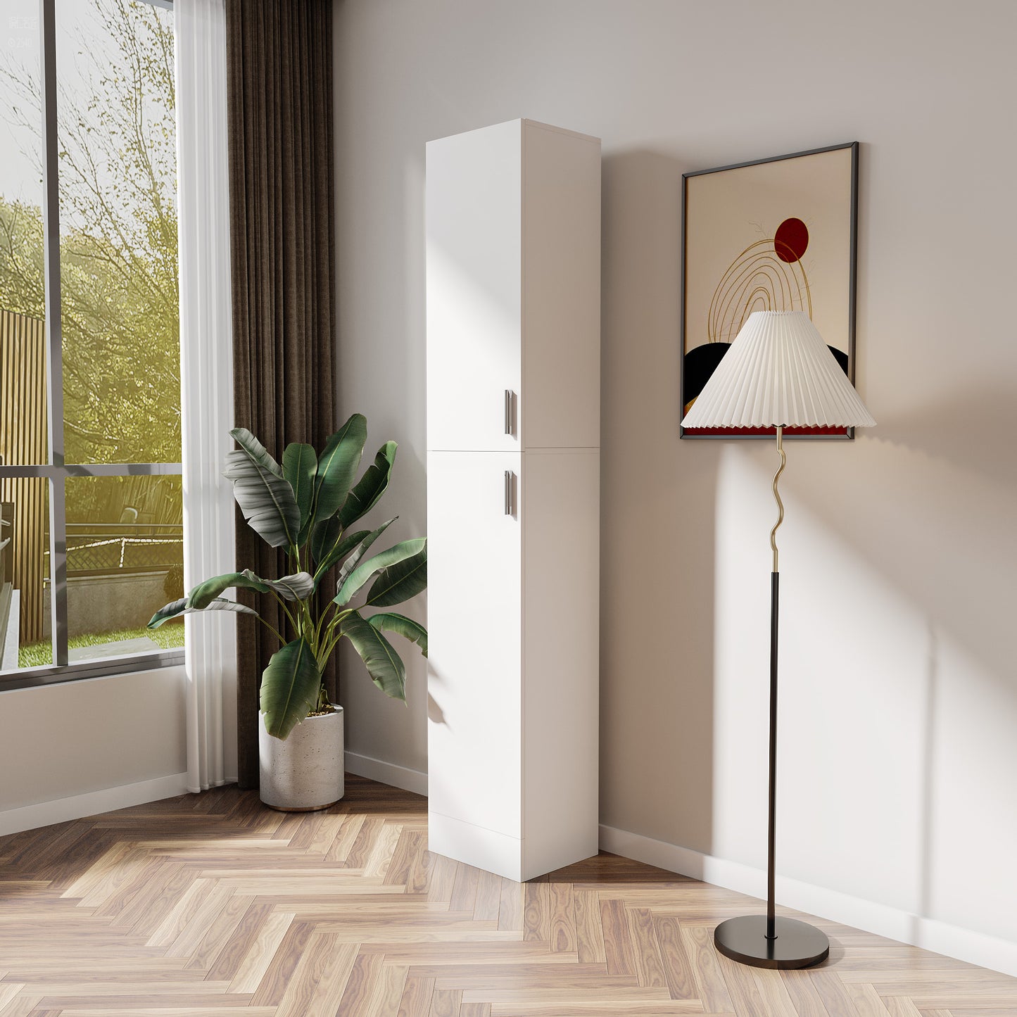 Freestanding Cabinet with Inadjustable Shelves and two Doors for Kitchen, Dining Room, White