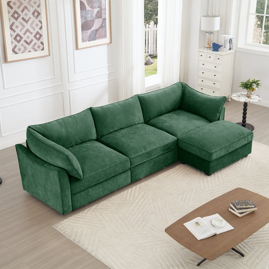 L-Shaped 3 Seater Sectional Sofa Couch,3-seat Sofa with 1 Movable Ottoman, t, Comfortable, Wide and Deep Seat, Chenille Green