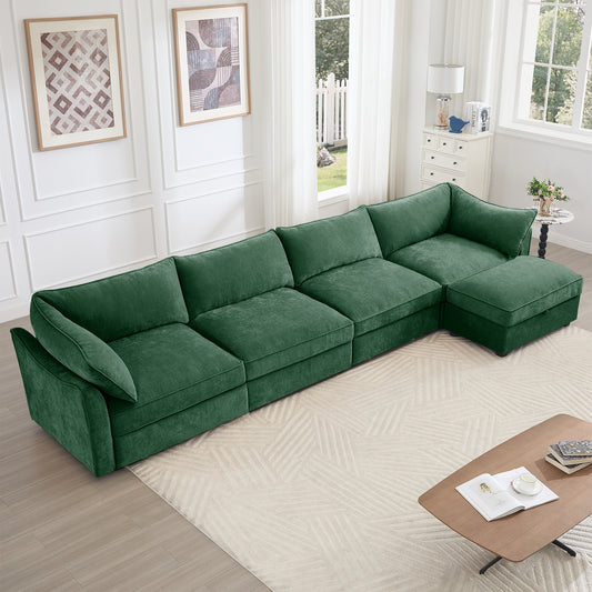 L-Shaped 4 Seater Sectional Sofa Couch,4-seat Sofa with 1 Movable Ottoman, Crescent-shaped Armrests And Wraparound Back & Armrest Cushions, ,Chenille Green
