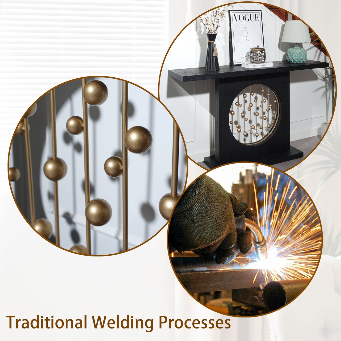 Modern Black Console Table with Gold Accent, Decorative Entryway Table,56in Wood Console Table, Narrow Sofa Table for Entrance, Living Room, Hallway