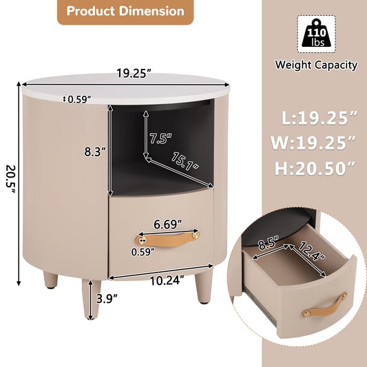 Contemporary & Modern Round Nightstand with Storage Drawer, Sofa End Table with Open Storage Shelf, Bedside Table with Curved Design for Living Room & Bedroom, Easy Assembly, Khaki Nightstands