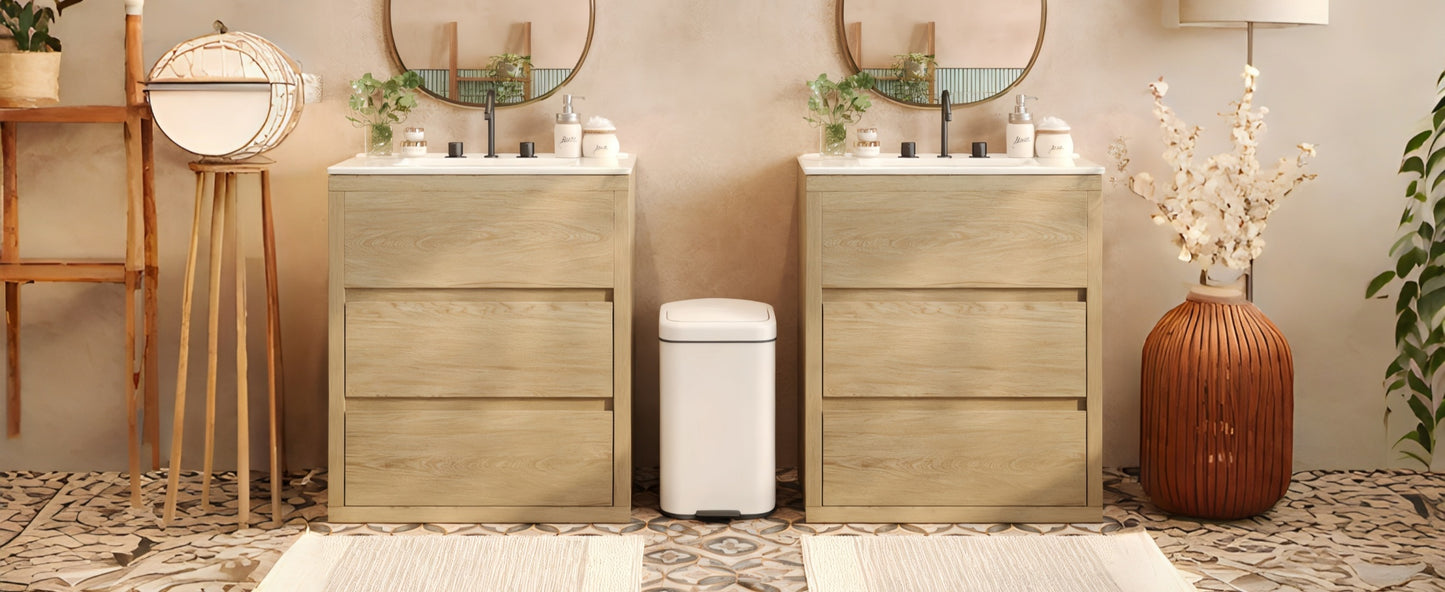 60' Double Sinks Bathroom Vanity Set, Bathroom Cabinet with Two Separate Ceramic Sinks, Full-Extension Drawers & Soft Close Undermount Drawer Slides, Natural Bathroom Vanity