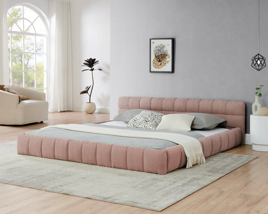 King size Upholstered Bed Frame with Thick Fabric, Chenille Fabric Grounded Queen Size Platform Bed with Headboard and Solid Frame. No Box Spring Needed-Pink(88.5''*85.5''*24'')
