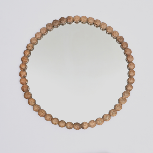Decorative Round Hanging Wall Mirror with Natural Wooden Bead Design Frame, 32'