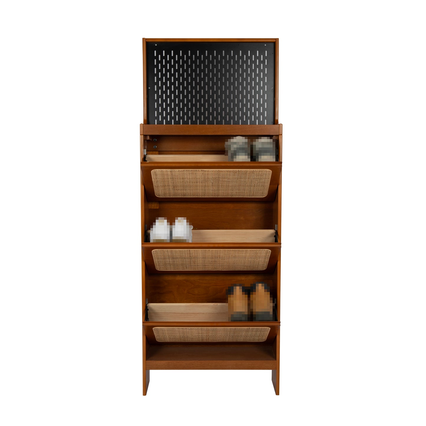 Rattan Shoe Cabinet for Entryway, Free Standing Shoe Rack with 3 Flip Drawers & Black Pegboard, Hidden Narrow Shoe Cabinet for Entrance Hallway, 24.88"W x 7.88" D x 65"H