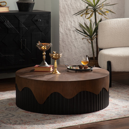 38.97' Round Coffee Table Handcrafted Relief Sturdy Pedestal Wooden Tea Table for Living Room no need to Assemble